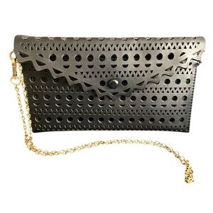 Black Faux Leather Lazer Cut Cross Body Purse with Gold Chain Strap